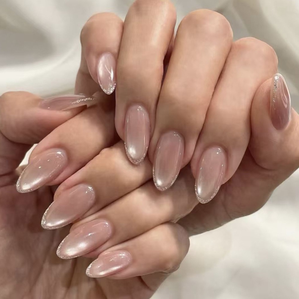 Nail Art Ombre Pink - 프레스온 네일 미디엄 아몬드 글리터 옴브레