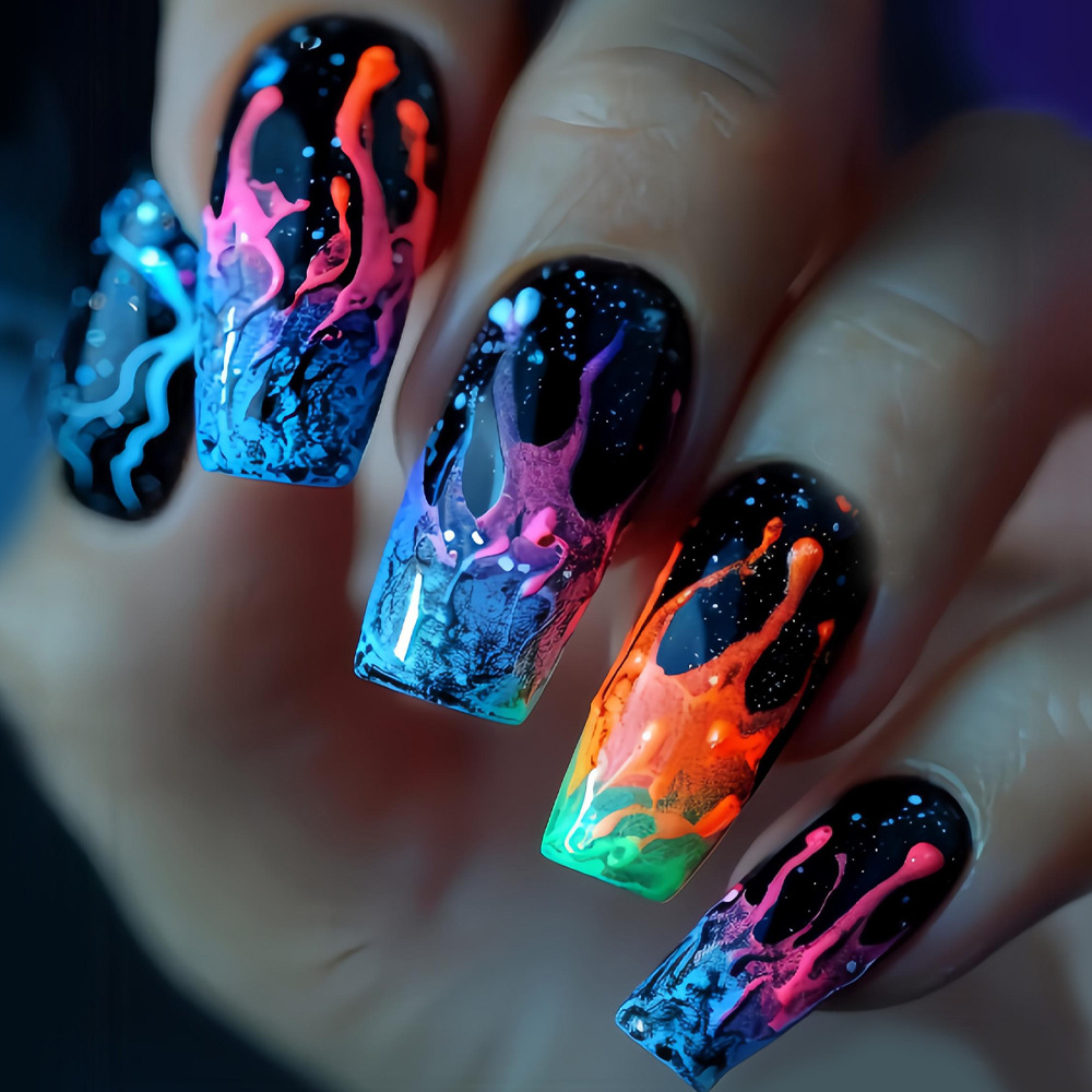 Nail Art Orange - 여성용 중간 사이즈 가짜 손톱 Y2K