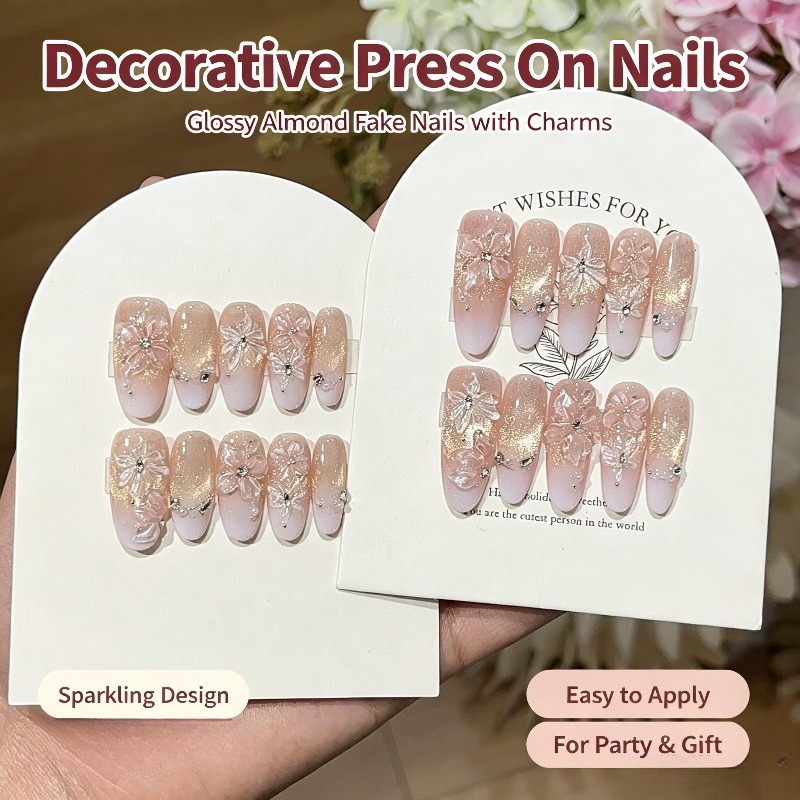 Nail Art Ombre Pink - 정교한 수제 프레스온 네일 클리어 핑크