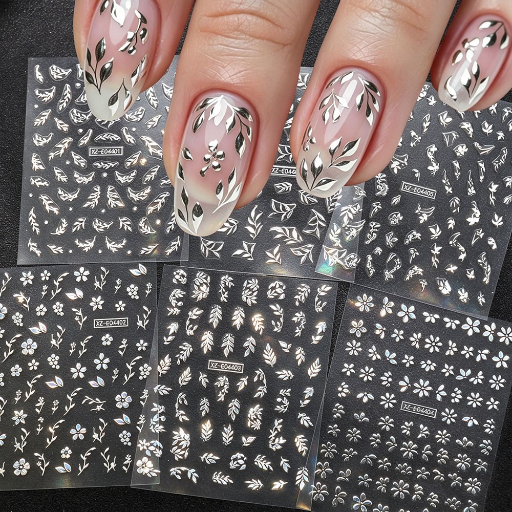 Nail Art Rose Gold - 6개/세트 반짝이는 금속 잎사귀 꽃 네일