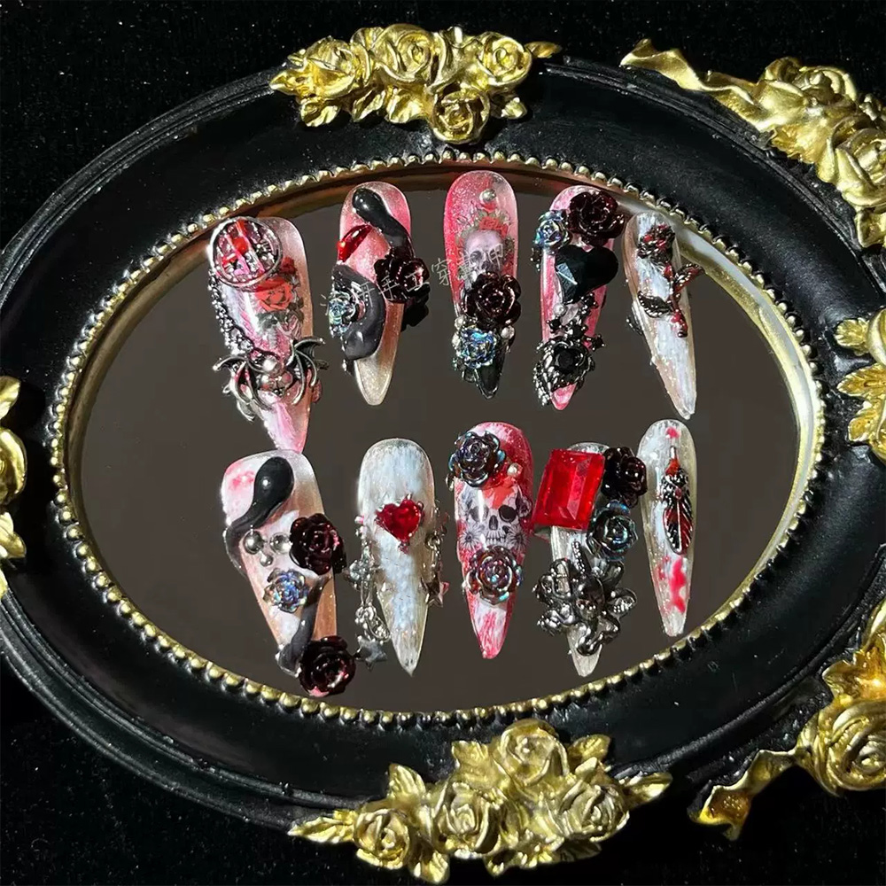 멋진 다크 펑크 아메리칸 스타일 레드 로즈 보우 스파이 - Nail Art Love 리뷰 및 가격