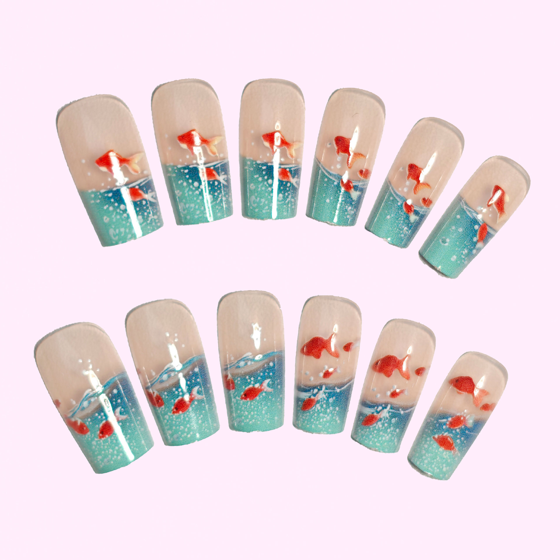 여성용 중간 길이 사각형 페이크 네일, 여름 블루 워터 - Nail Art Yellow 리뷰 및 가격