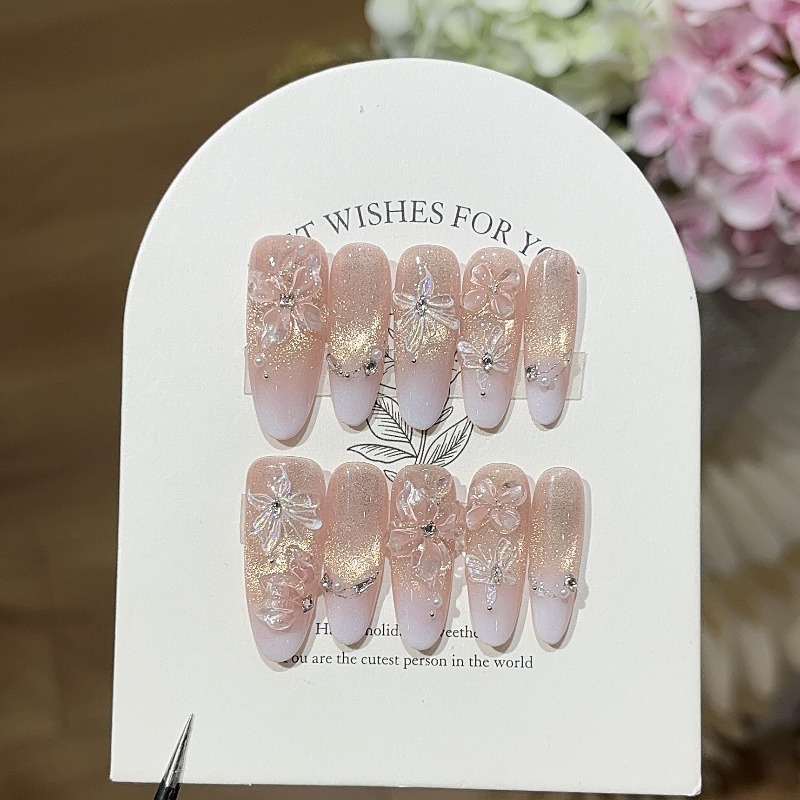 정교한 수제 프레스온 네일 클리어 핑크 골드 캣아이 옴 - Nail Art Ombre Pink 리뷰 및 가격